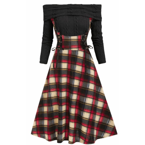 Women's Off-the-Shoulder Plaid Color Block Midi Dress, Vintage Long Sleeve Knit A-Line Flared Skirt Combo Dress
