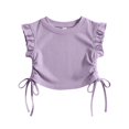 thumbnail image 3 of Quealent Girls Ruffle Cap Sleeve T Shirts Drawstring Crew Neck Crop Tees Solid Color Casual Cute Tops Summer Tee for Toddler (Purple, 4-5 Years), 3 of 5