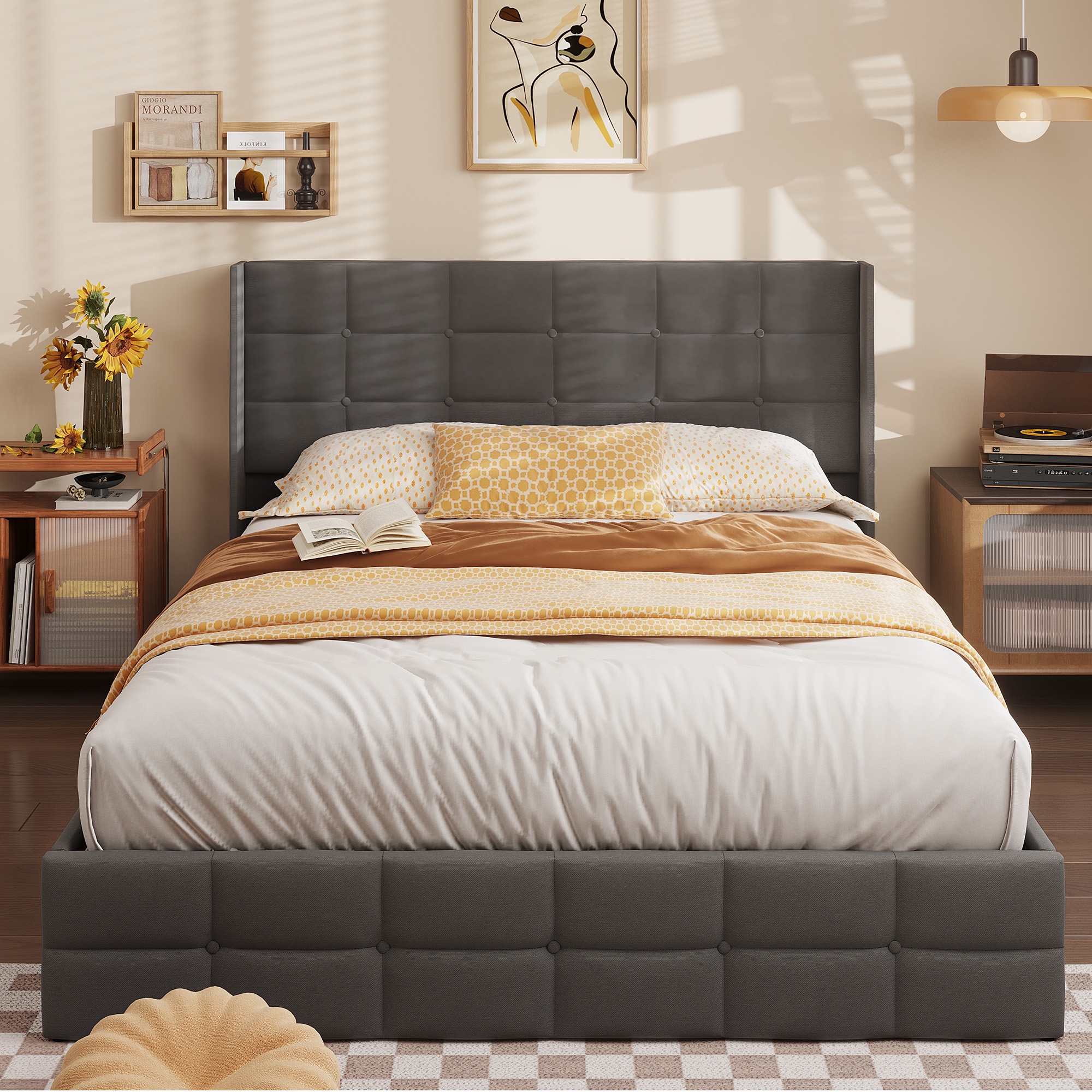 Asofer Queen Bed Frame, Lift-Up Storage w/Modern Wingback Headboard, No Box Spring, Gray