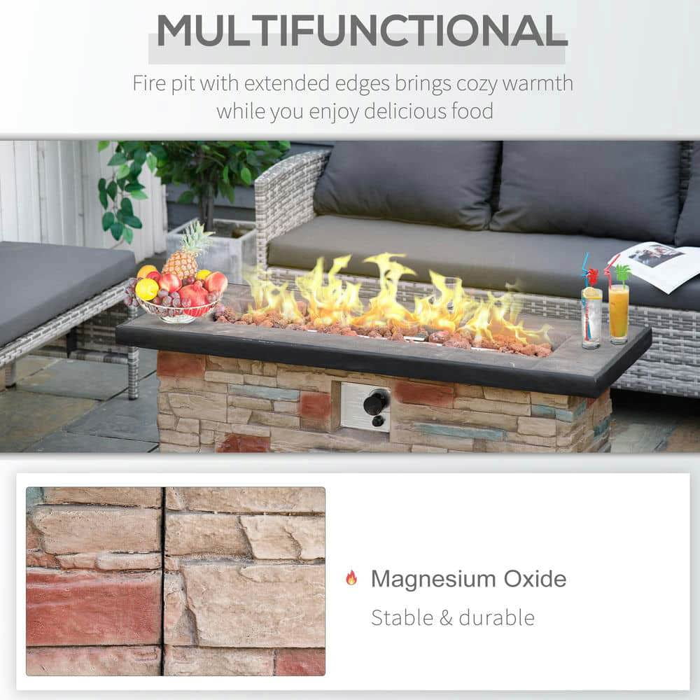 Spaco 48 Inch Propane Gas Fire Pit Table, 50,000 BTU Auto-Ignition Rectangular Firepit with Lava Rocks and Rain Cover, Faux Ledge Stone Gas Firepit for Outdoor as Patio, Picnic, Backyard, Brown