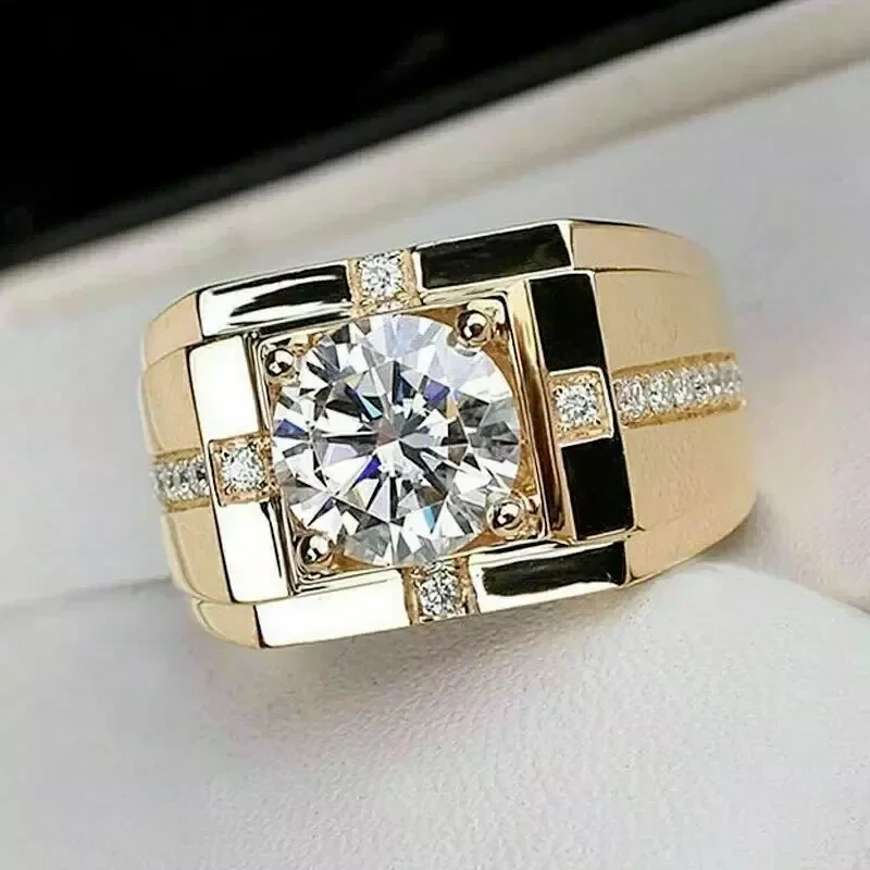 3.00 Ct Round Cut Real Moissanite Solitaire Men's Ring - 14K Yellow Gold Plated Sterling Silver