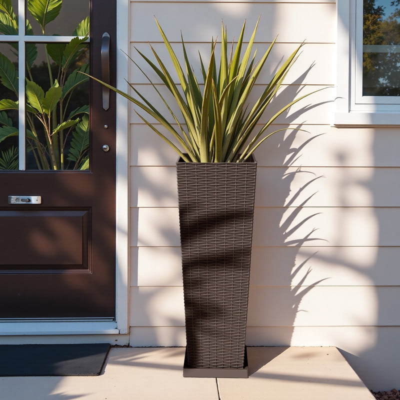 Homall 2-Pack 32" Tall Outdoor Plastic Planters with Inside Pots, Drainages and Trays, Rattan - Patterned for Patio Decor