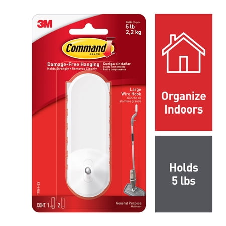 Command Wire Hook, White, Large, 1 Hook, 2 Strips/Pack