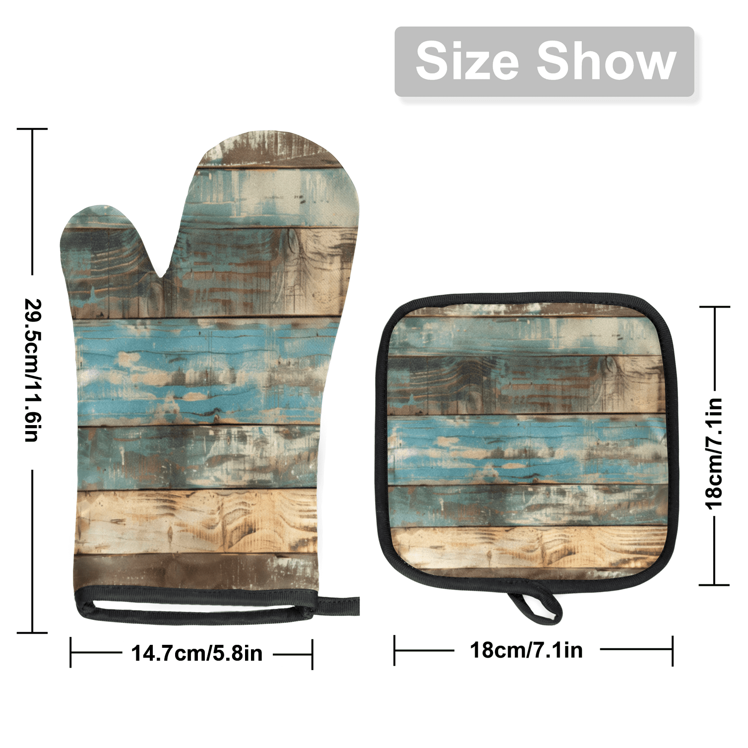 CURLYOOT Wooden Farm Vintage Oven Mitts and Pot Holders Sets of 2, Non-Slip Washable Hot Pads and Oven Gloves for Kitchen Cooking Baking