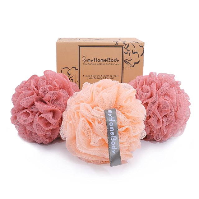 myHomeBody Esponja de lufa grande de 70 g, esponja de baño para depurador corporal, esponja de lufa para mujeres y hombres | Puf de ducha con esponja exfoliante y carbón activado, paquete de 3, 2 rojo