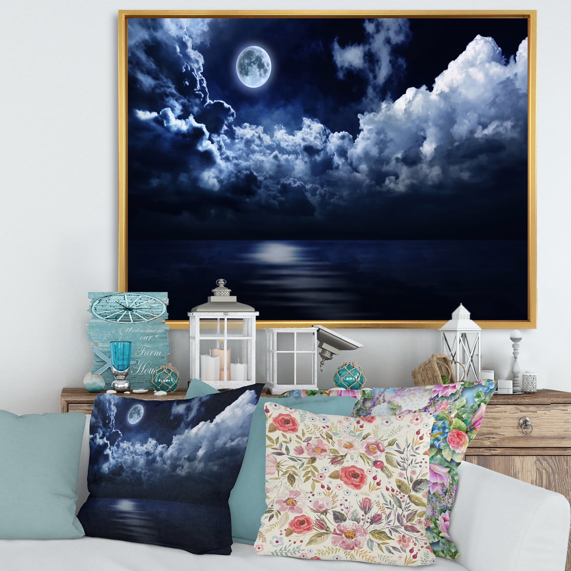 Designart 'Full Moon Night in Cloudy Sky' Modern Framed Canvas Wall Art Print