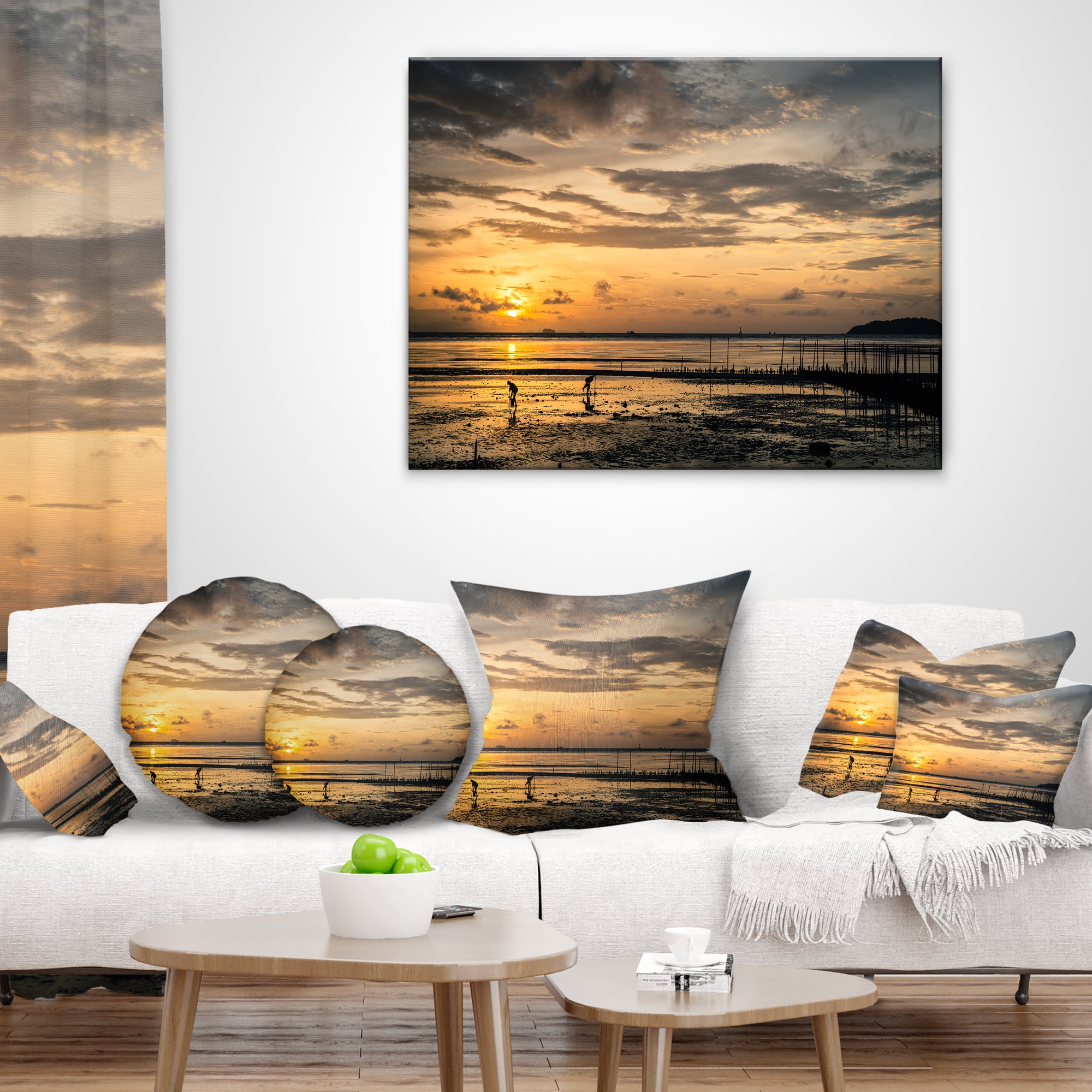 Designart Dawn at Seaside during Low Tide - Modern Seashore Throw Pillow - 12x20
