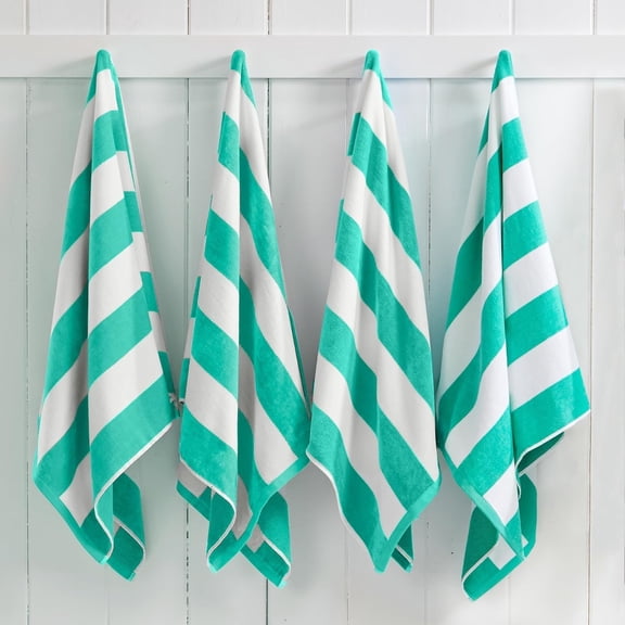 100% Cotton Velour 4 Pack Beach Towels 30" x 60" - Teal Cabana Stripe Pool Towels - Quick Dry, Large Swim Towels