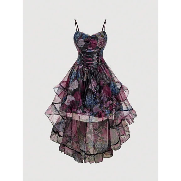 Vintage Palace Romantic Floral Ruched Bust Front Tie Waist High-Low Mesh Dress