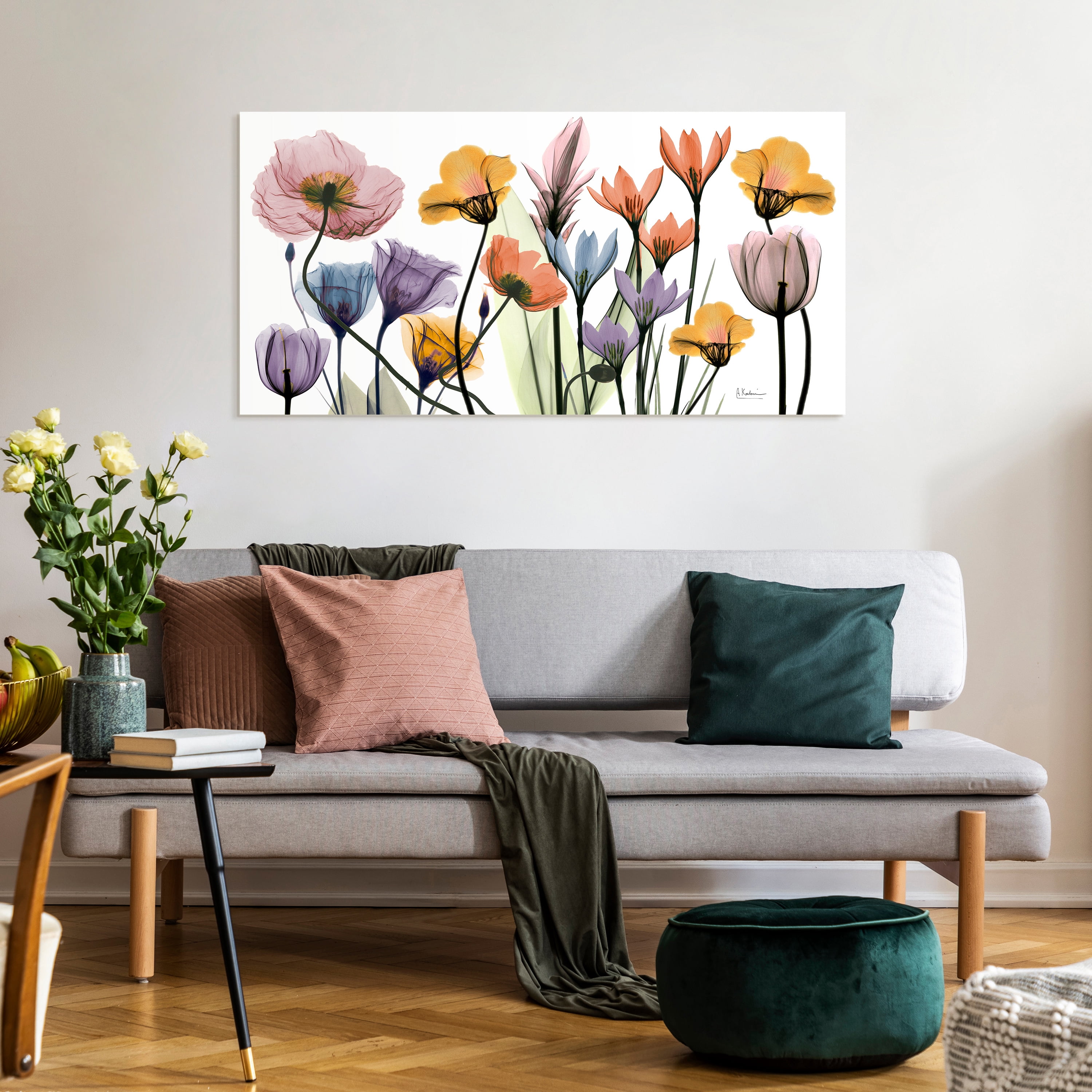 "Flowerscape Portrait" Frameless Free Floating Reverse Printed Tempered Art Glass Wall Art, 24 in. x 48 in.
