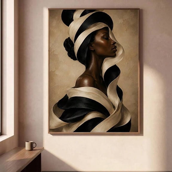 African American Woman Portrait Canvas Wall Art, Black and Cream Striped Headwrap Elegant Lady Painting Poster Print, Modern Afro Boho Wall Decor for Living Room Bedroom