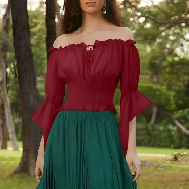 mfyjkho Tops Para Hacer Ejercicio, Blusa Campesina Renacentista Para Mujer Con Hombros Descubiertos Y Mangas Acampanadas Tops Para Hacer Ejercicio Para Mujer Xxl
