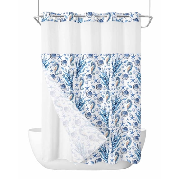 No Hook Cloth Fabric Shower Curtain with Snap in Liner, Blue Ocean Waterproof Shower Curtains Set with See Through Top Window, Coastal Starfish Coral Shell Seahorse Conch Bath Curtains Shower 48"x72"