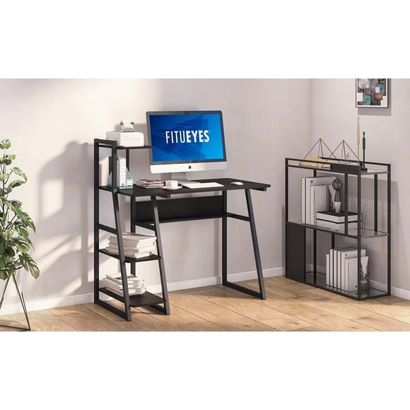 FITUEYES Computer Desk with Shelves Home Office Writing Table with Bookshelf for Small Space,Black