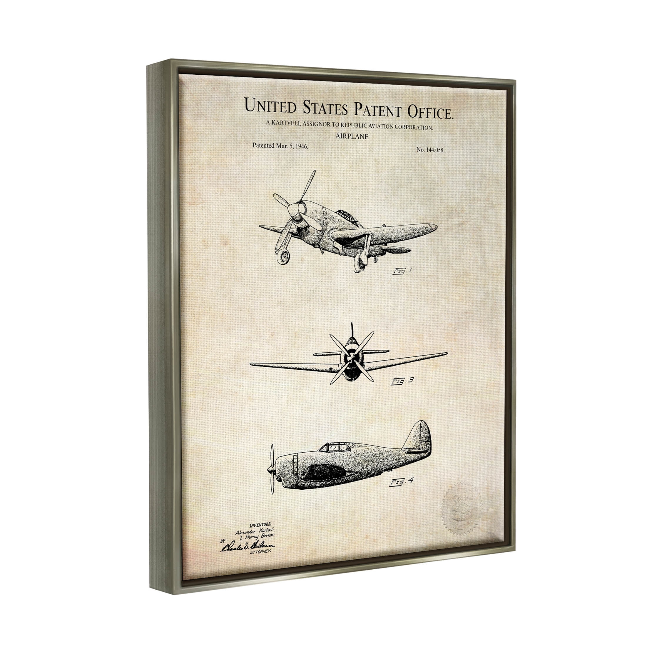 Stupell Industries Historic Aircraft Patent Vintage Graphic Art Luster Gray Floating Framed Canvas Print Wall Art, Design by Karl Hronek