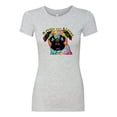 thumbnail image 2 of Pugs and Kisses Cute Dog Neon Rainbow Pug Dog Lover Womens Slim Fit Junior Tee, Heather Grey, Small, 2 of 3