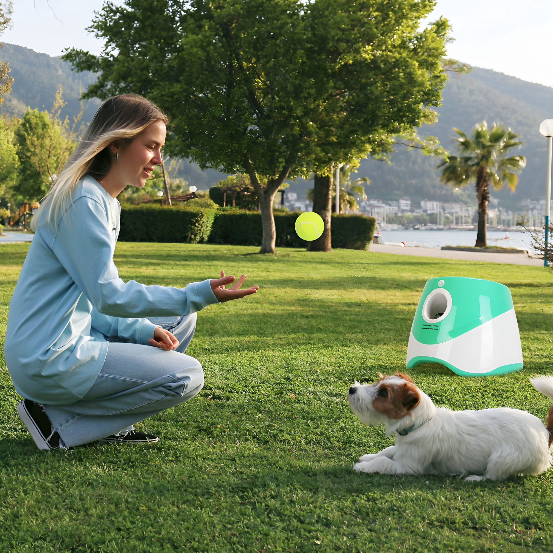 BESTSKY Automatic Dog Ball Launcher, interactive dog toys 3 Adjustable Distances Interactive Dog Ball Thrower Fetch Machine with 6 Tennis Balls
