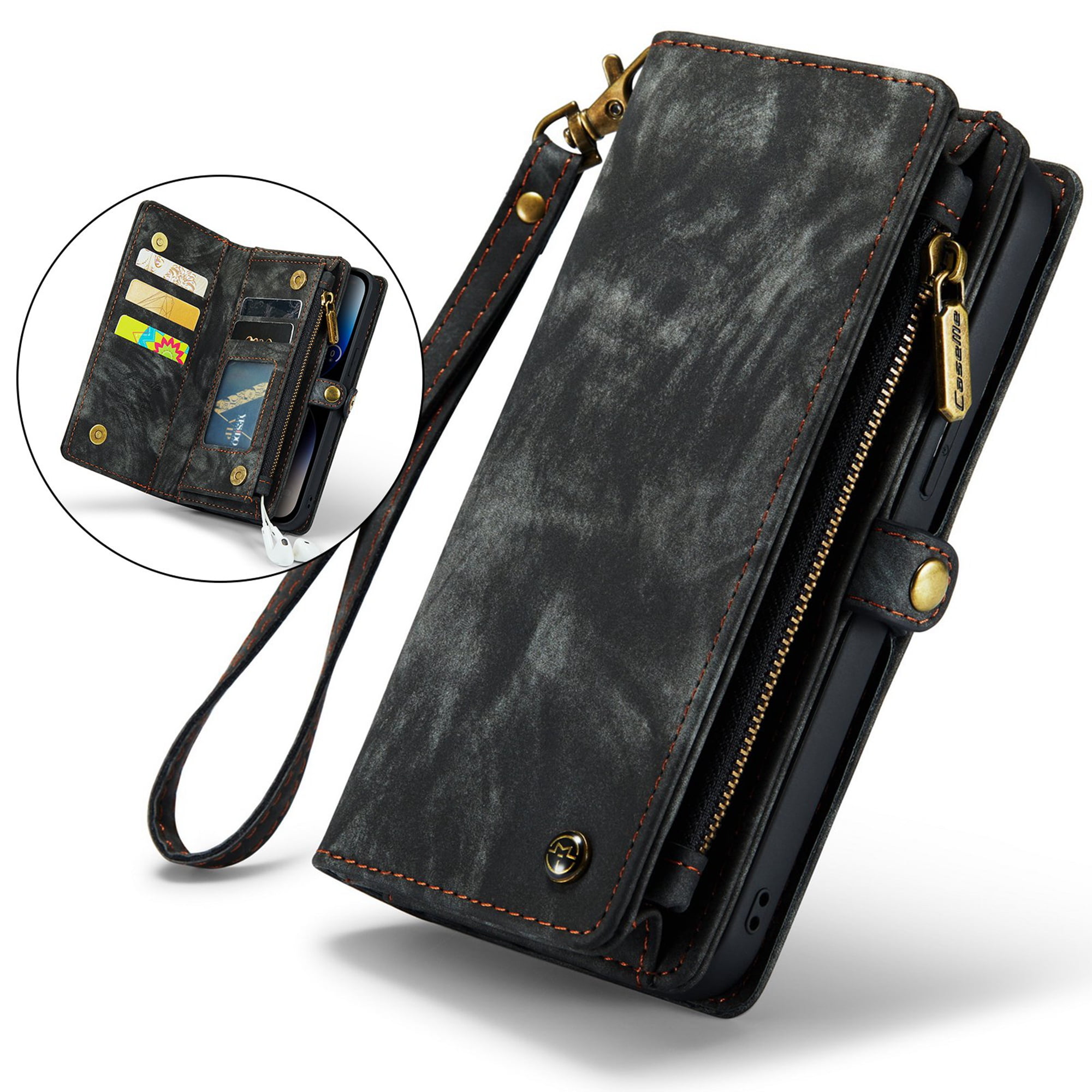 CaseMe Samsung Galaxy S22 Ultra Detachable 2 in 1 Multi-Functional Vintage  Leather Zipper Wallet Case Black