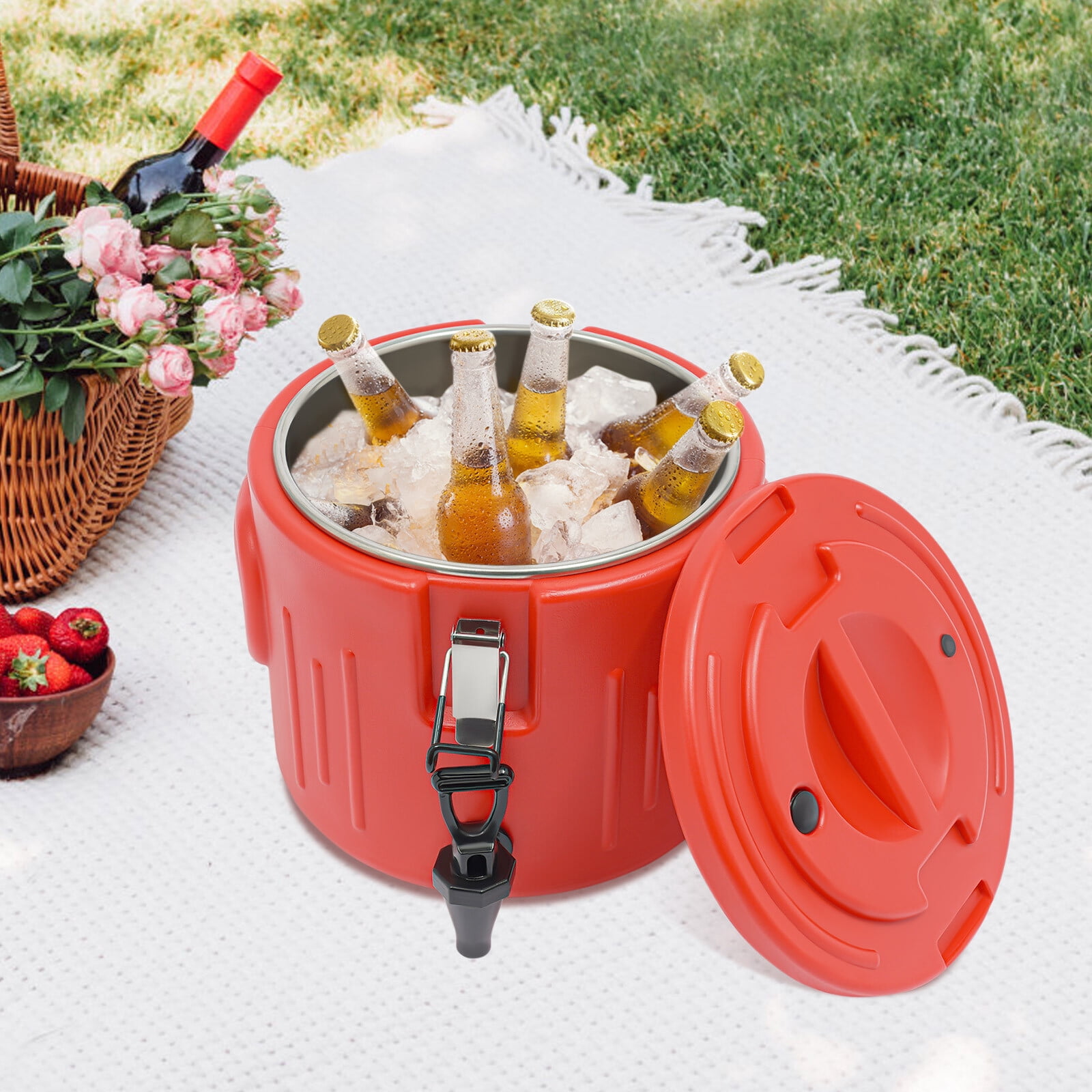 1 PCS Red Insulated Beverage Cooler, Insulated Bucket, Cylinder-Shaped, 28*25. 5cm/11. 02*10. 04in(D*H), 10L/2. 64Gal Insulated Bucket, Insulated Beverage Containers