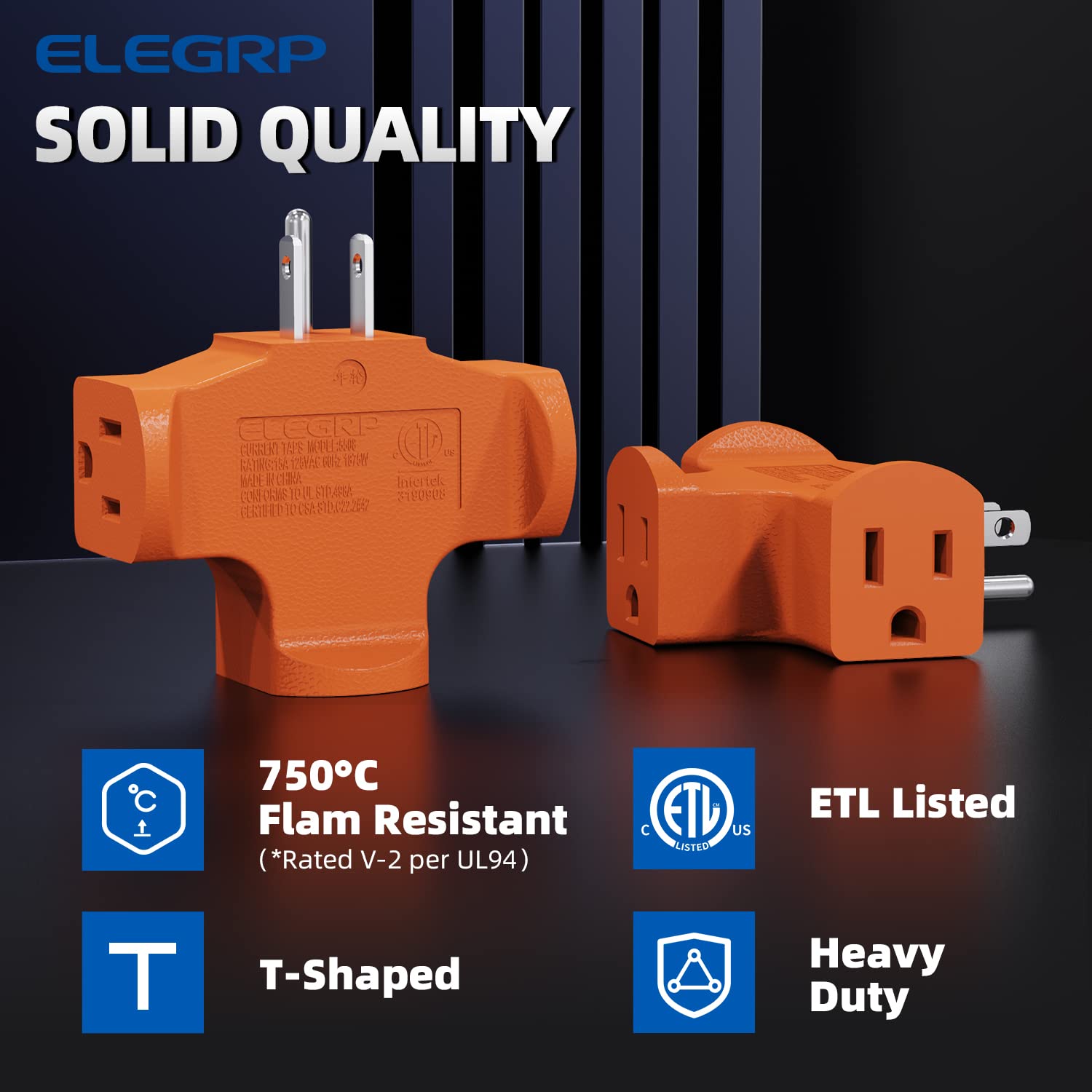 3-Prong Heavy Duty Power Extender to Triple Outlet in T Direction, Multi-Directional Grounded Wall Tap Outlet Extender with 3 Prong Plug-in, 15-Amp, 125-Volt, ETL Listed, 2 Pack, Orange