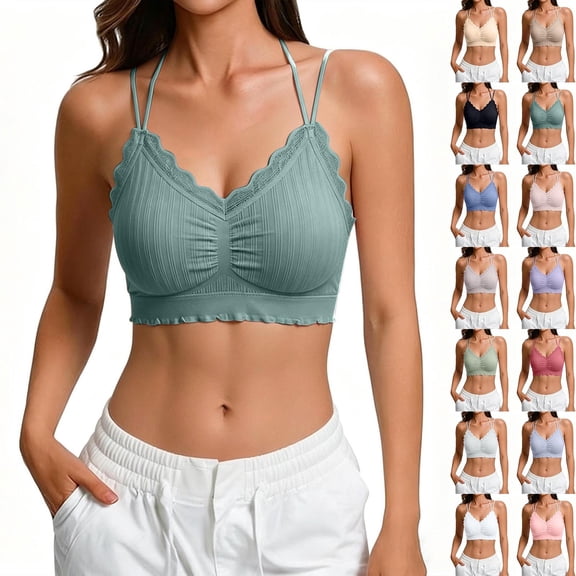 Feancey Women's Lace Bralette Criss Cross Back Wireless Bras Ruffle Hem Casual Lingerie Bra Comfy Breathable Camisole Bra for Date Night Beige Free Size