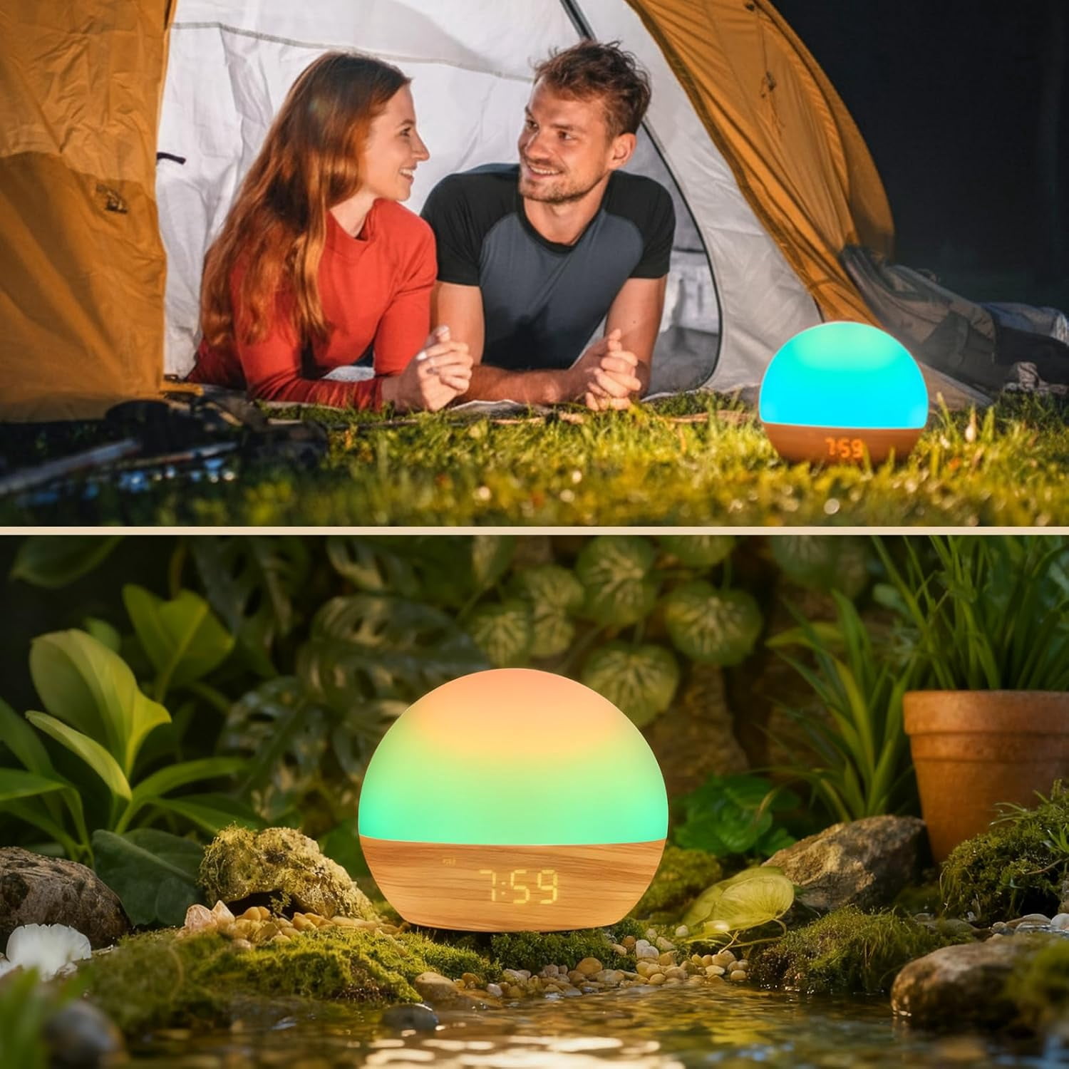Clock Fabric Dimmable Night Light for Heavy Sleepers, Sunrise Wake Up Light, White Noise Machine for Baby, Dual Alarm Function 30 Sleep Sounds, with 17 Light Effects