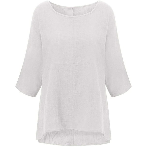 Blusa holgada de algodón con mangas 3/4 y remangada de tres cuartos para mujer, talla grande, color blanco, talla M