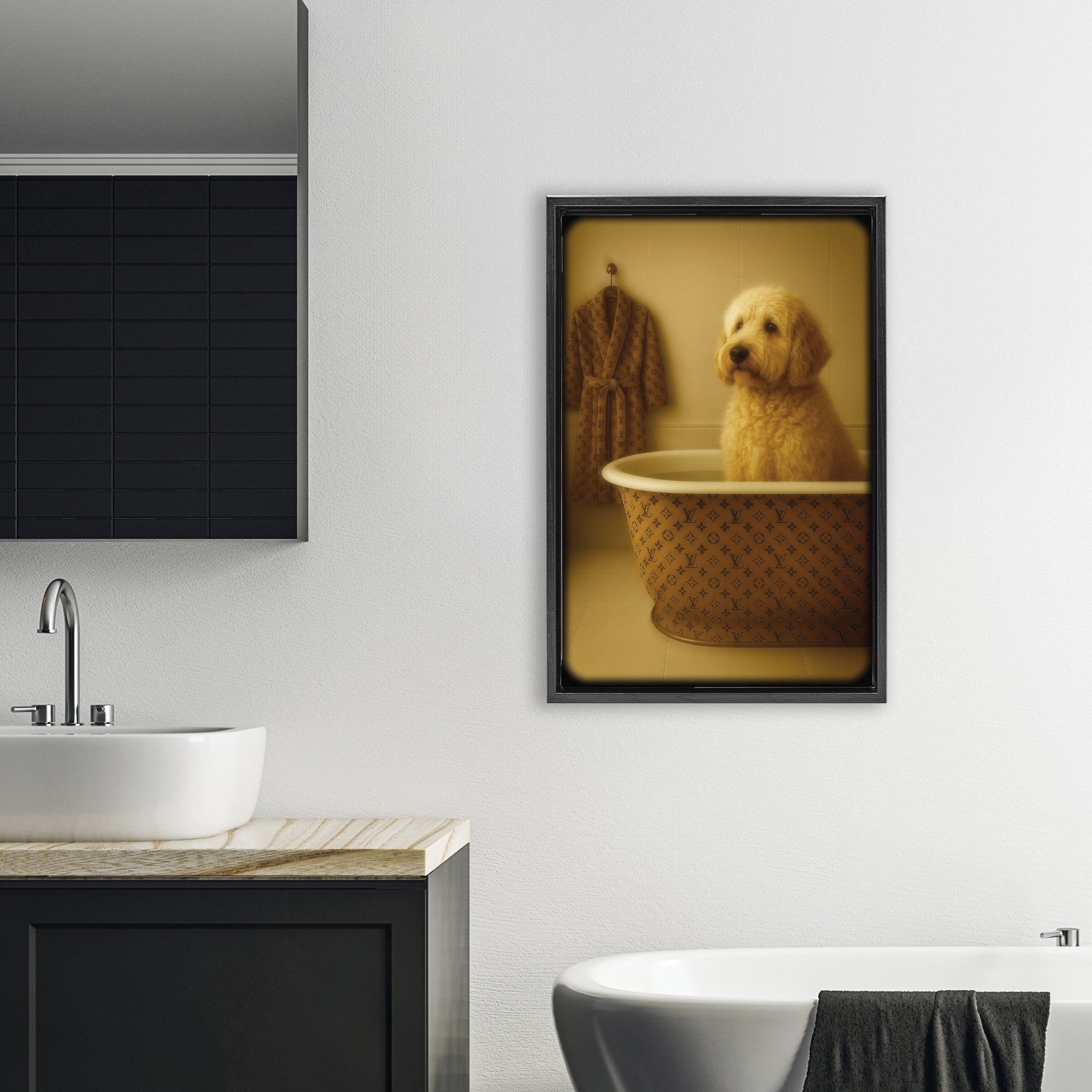 Stupell Industries Couture Dog in Luxury Tub Black Framed Floater Canvas Wall Art, design by Grotto Studios