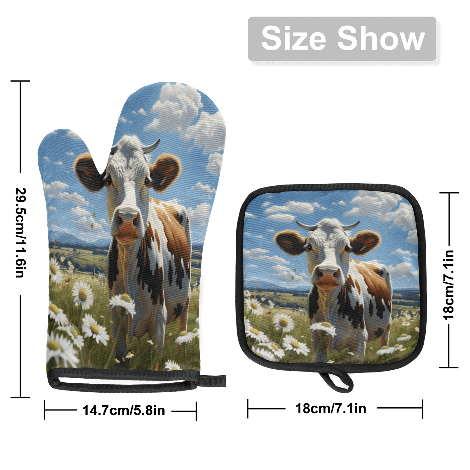 CURLYOOT Cow Daisy Oven Mitts and Pot Holders Sets of 2, Non-Slip Washable Hot Pads and Oven Gloves for Kitchen Cooking Baking