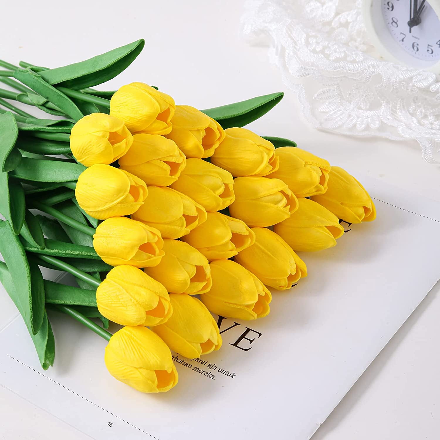 Morttic 24pcs Artificial Tulips Flowers Fake Faux PU Tulip Bouquet Real Touch Flowers Table Arrangement for Home Room Office Party Wedding Decoration (Yellow)