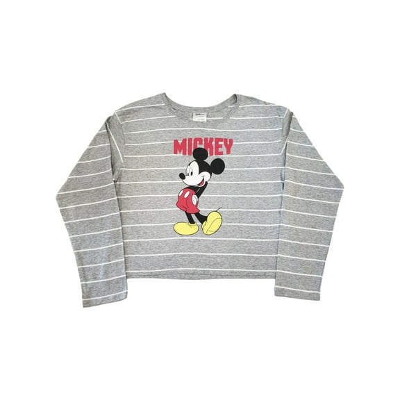 Disney Womens Mickey Mouse Gray White Stripe Long Sleeve T-Shirt Top Shirt L