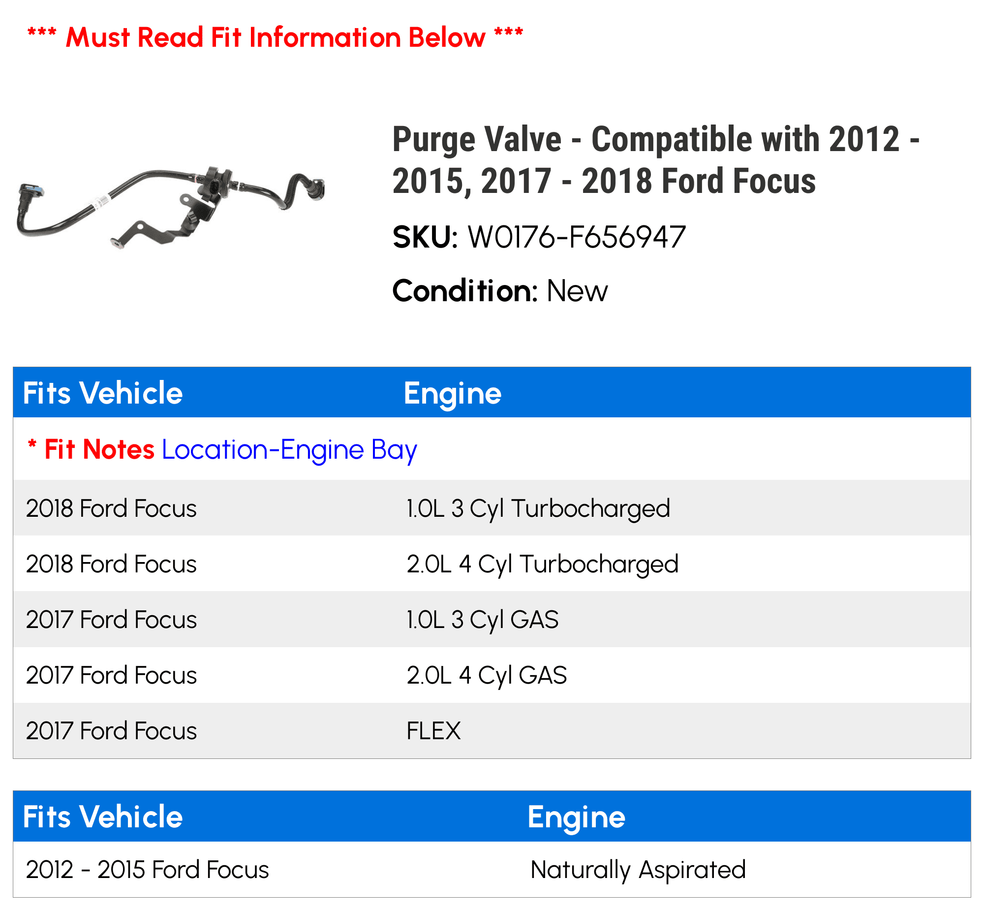 Purge Valve - Compatible with 2012 - 2015, 2017 - 2018 Ford Focus 2013 2014 2016