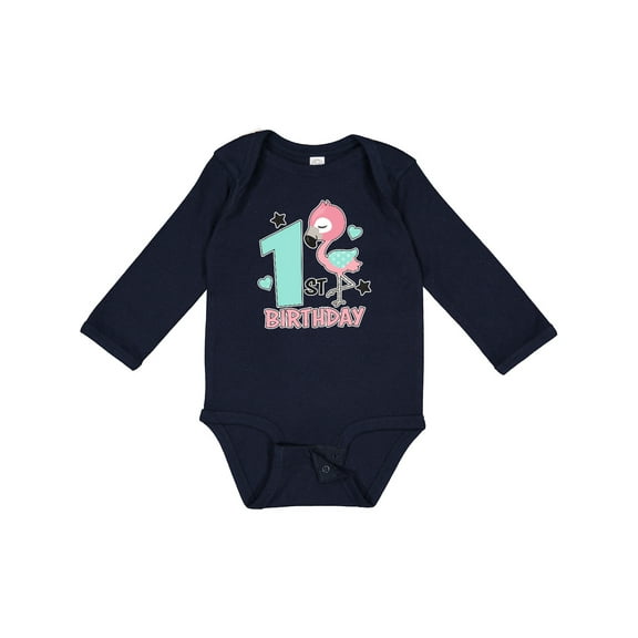 Inktastic 1st Birthday with Flamingo Stars and Hearts Girls Long Sleeve Baby Bodysuit