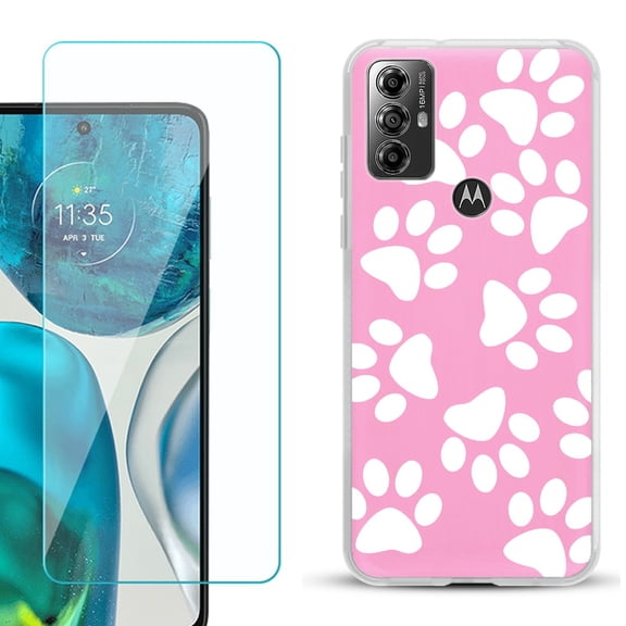 OneToughShield ® for Motorola Moto G Play 2023 Shockproof Fashion Phone Case, with Tempered Glass Screen Protector - Pet Paw/ Pink