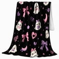 thumbnail image 2 of Whimsical Ghosts Bows Hearts Black, Playful Halloween Scene, Warm Flannel Blanket for Home Library and Reading Nook, Art Lovers Halloween Gift, Playful Home Decor, 2 of 9