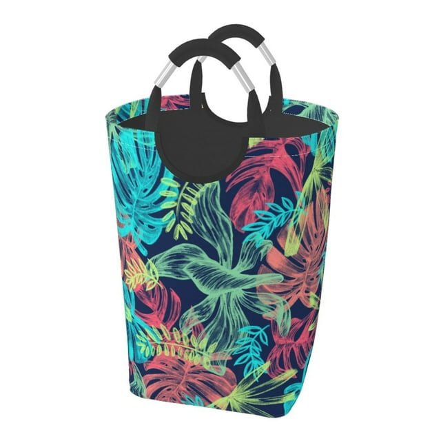 DouZhe 50L Rectangular Laundry Basket, Green Tropical Plant Prints Waterproof Foldable Laundry Hamper with Aluminum Handles