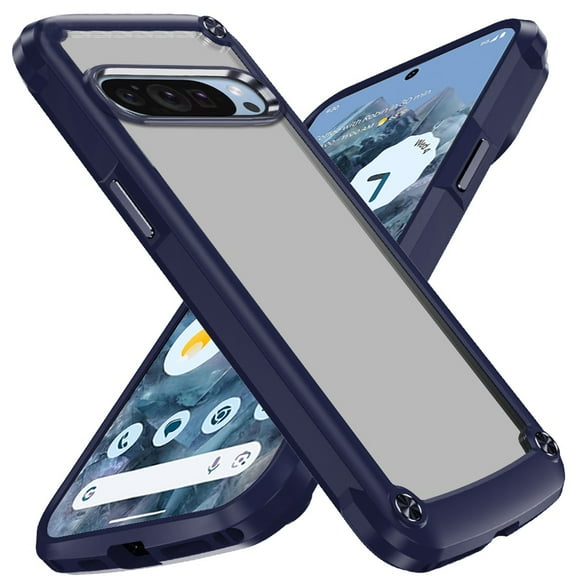 Designed for Google Pixel 9 Pro XL (6.8") Hybrid Transparent Rubber with Metal Buttons & Camera Edges Hard TPU Corner Frame Bumper Phone Case Cover [Blue]