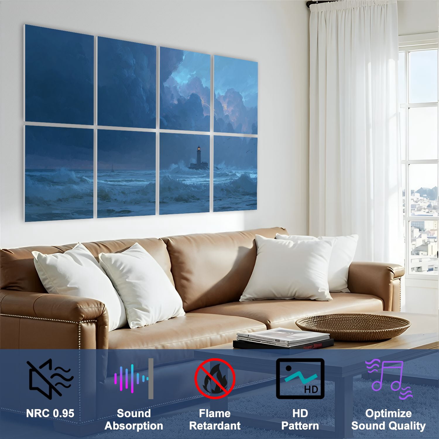 8 Pack Art Acoustic Panels Sound Absorbing Thunderous Ocean Waves Lighthouse Art Dramatic Sky Decorative Soundproof Wall Panels Self Adhesive for Nursery Game Room Bedroom 48"x32"