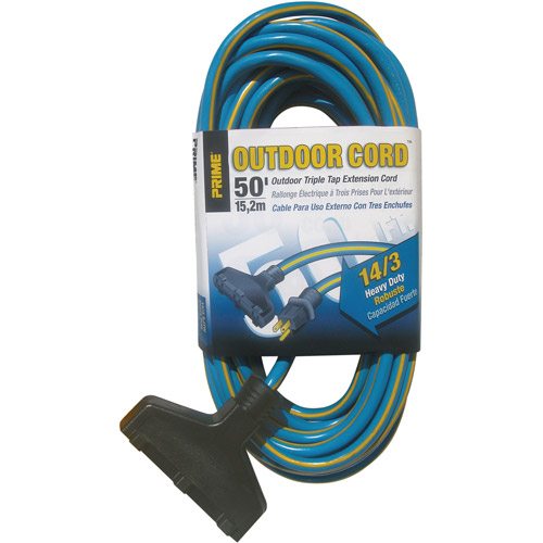 Prime Wire 50-Foot Triple-Tap Heavy Duty Outdoor Extension Cord, Blue and Yellow by Prime Wire