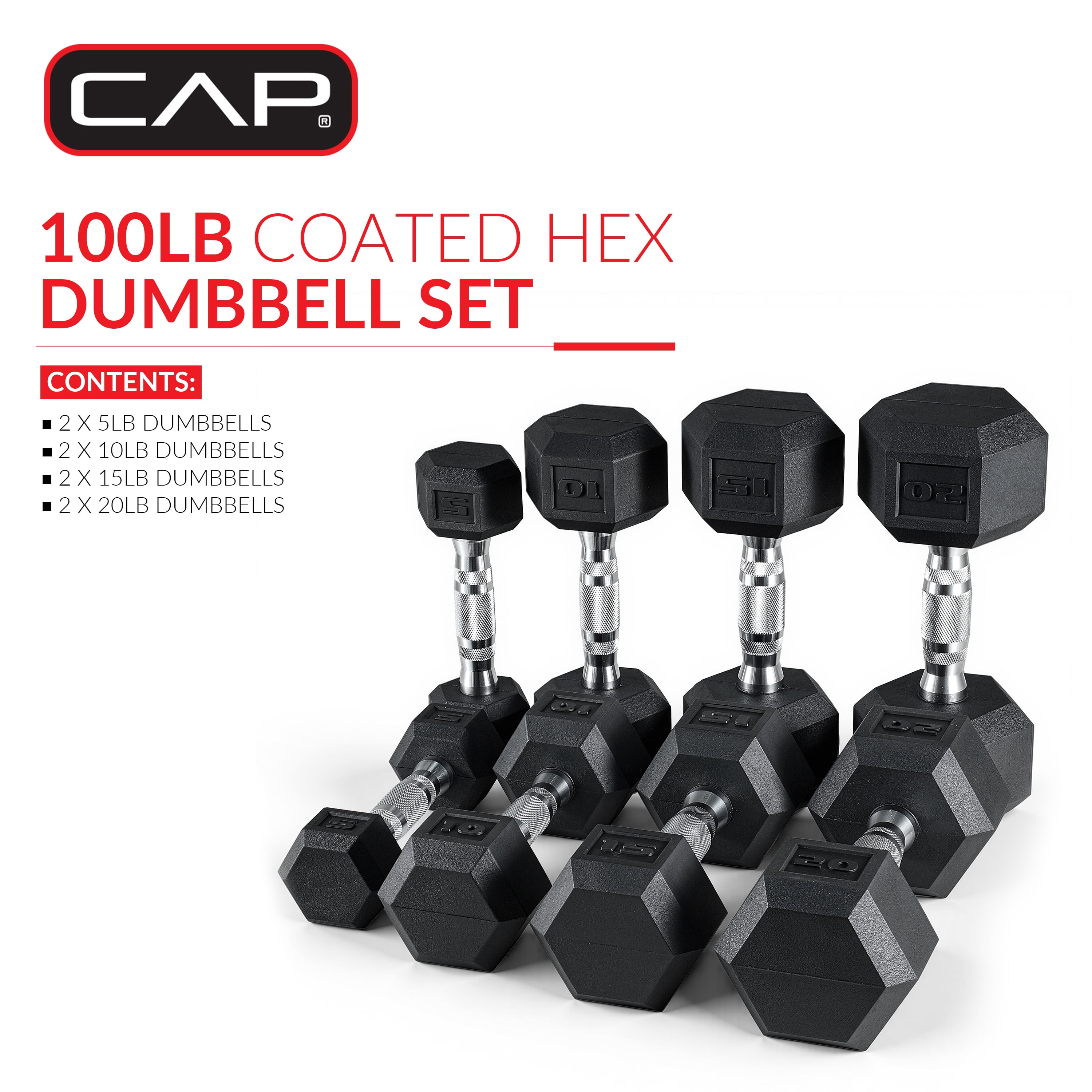 CAP 100lb Rubber Hex Dumbbell Set, Free Weights for Home Gym Strength Training