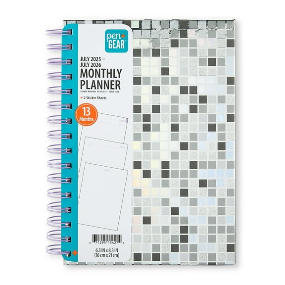 Pen+Gear 13-Month Monthly Planner, Disco, 6.3" x 8.3", Silver, July 2025-July 2026