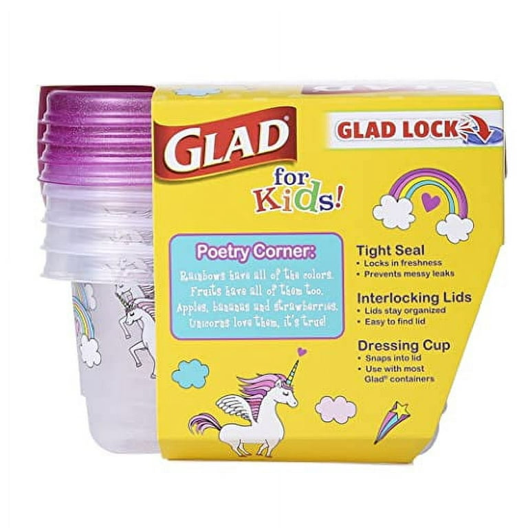  Glad for Kids Unicorns GladWare To Go Storage Containers with  Lids 24 oz Kids Snack Containers with Unicorn Design, 4 Count Set with 4  Dressing or Sauce Cups : Health & Household