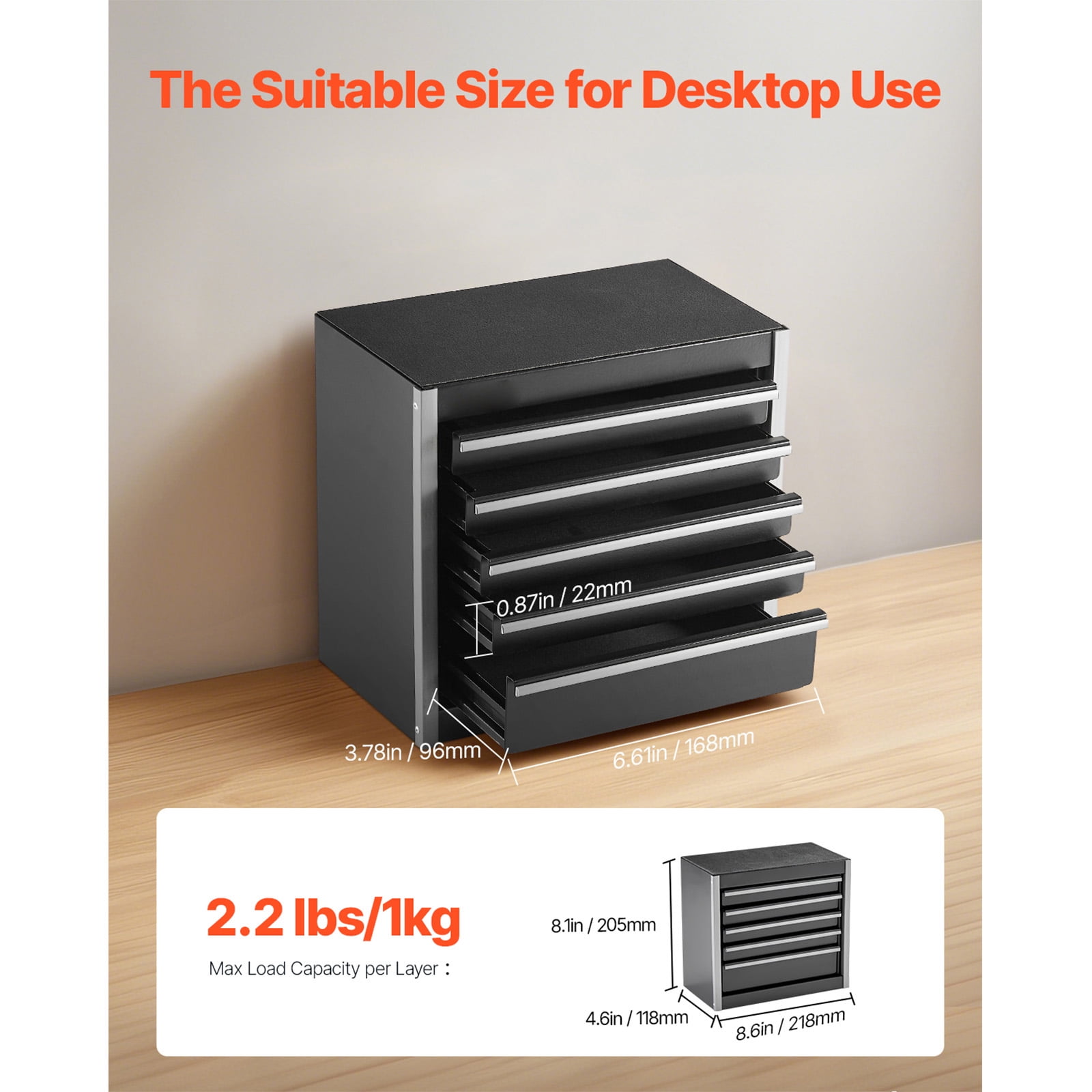 KFFKFF Portable Metal Tool Box, 8.6-inch, Compact Metal Tool Chest with 5 Drawers, Durable Steel Construction with EVA Liners and Non-Slip Feet, Smooth Ball Bearing Slides