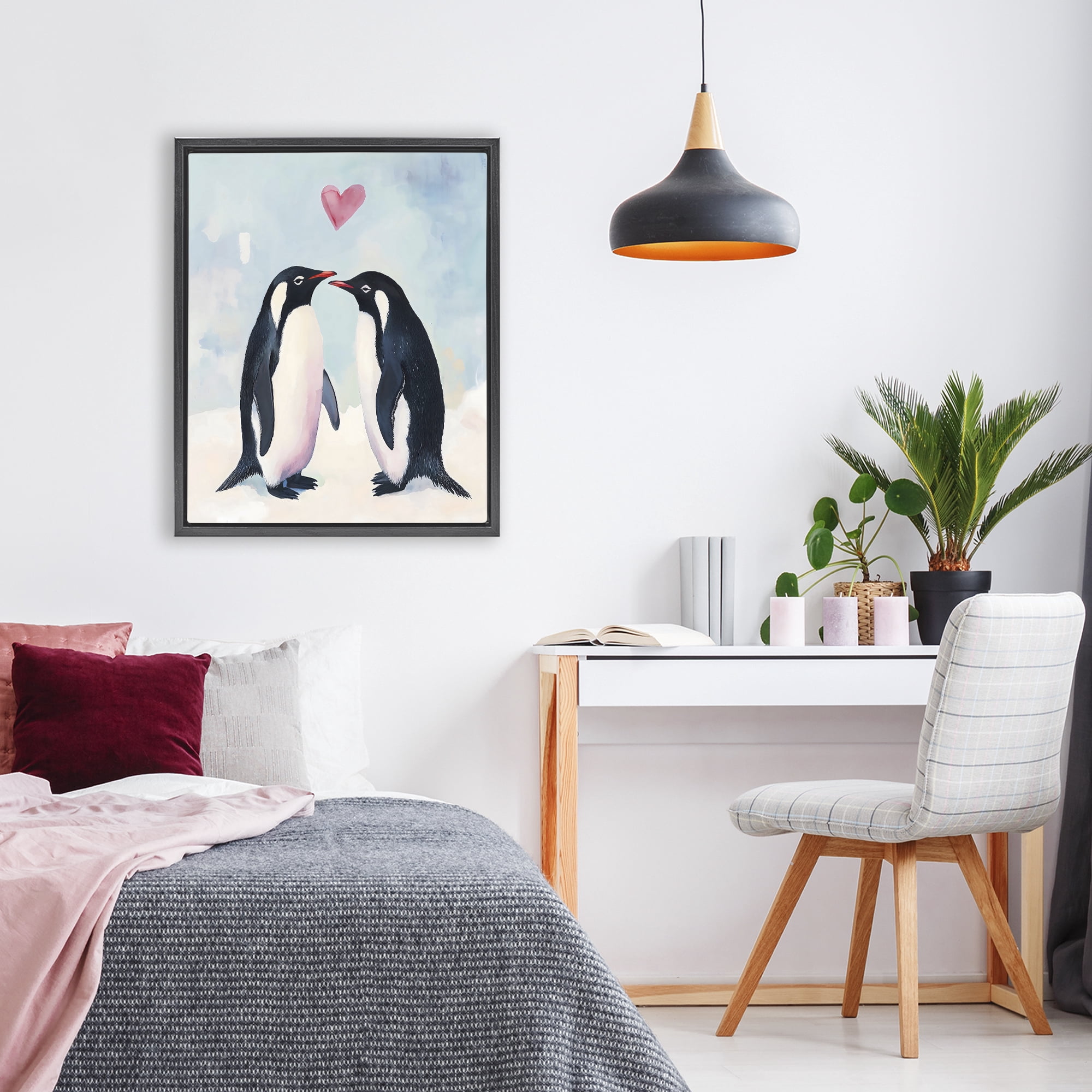 Stupell Industries Penguin Love with Heart Black Framed Floater Canvas Wall Art, design by The Prints Vibe