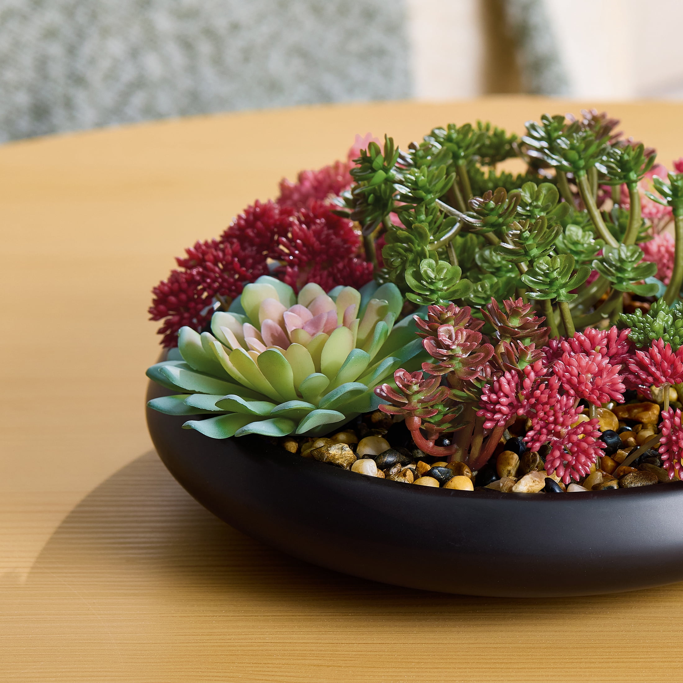 Better Homes & Gardens Artificial Mixed Succulent in Black Round Ceramic Bowl, 9"