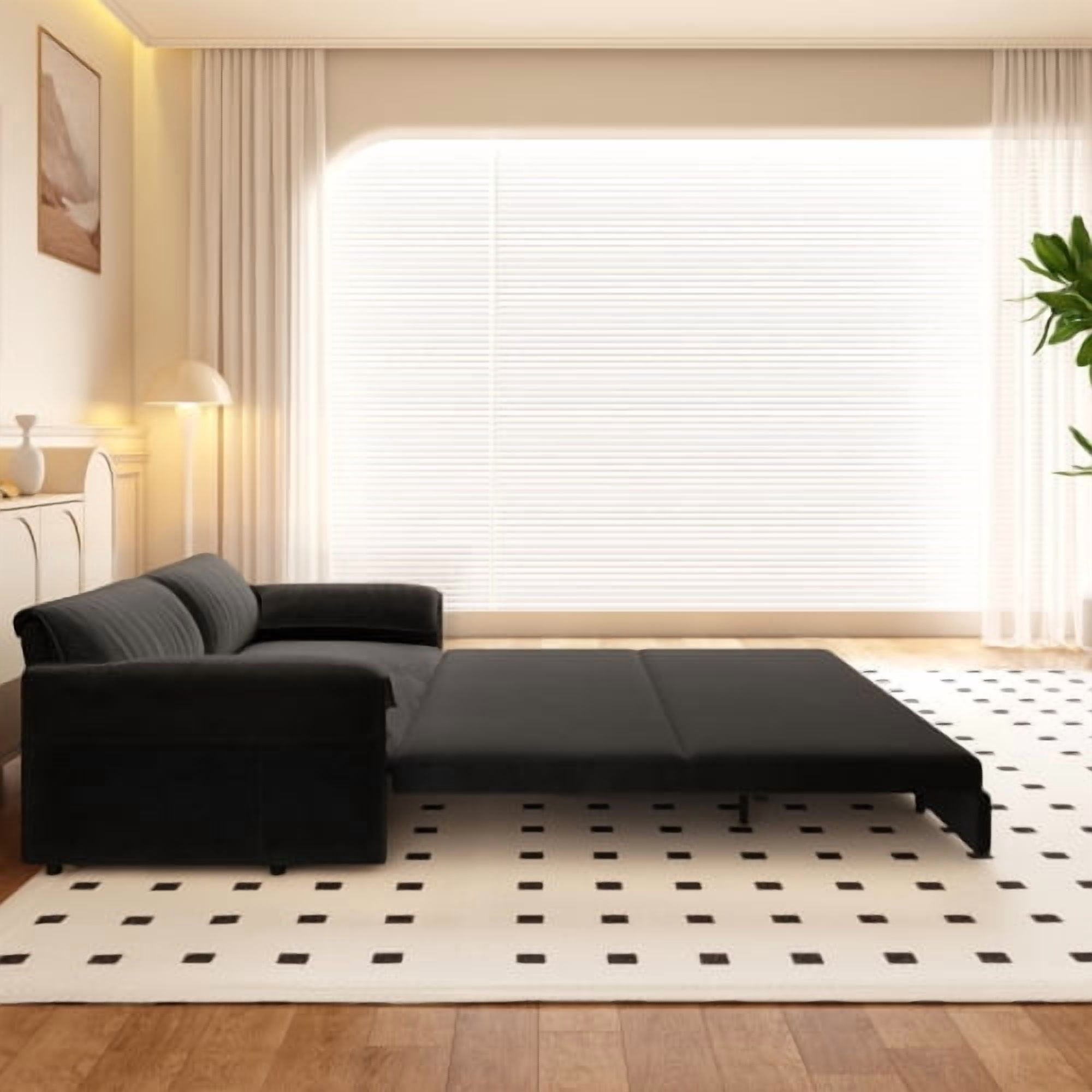 66" Queen Pull Out Sofa Bed, 3-in-1 Convertible Velvet Sleeper Sofa with Side Storage, Loveseat Bed for Living Room, Black