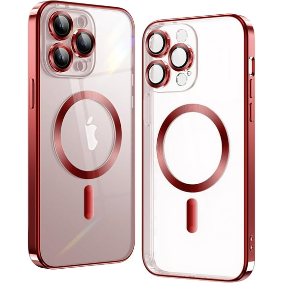 Matallic Glossy Clear for iPhone 14 Pro Max Case Compatible with MagSafe with Plating Full Camera Protection [Strong  Attraction] Slim Thin Phone Case Shockproof for Women Girls Red