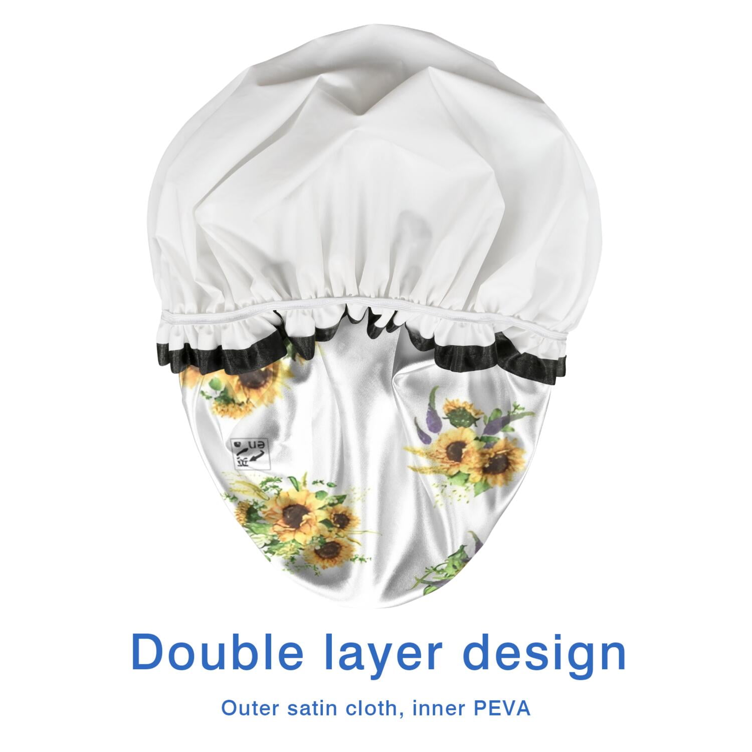Shower Caps,White Yellow Purple Flower Bouquet Sunflower Pattern Waterproof Shower Cap for Women 4 Pieces,Double Reusable Hair Cover for Shower PEVA Elastic Stretch Hem