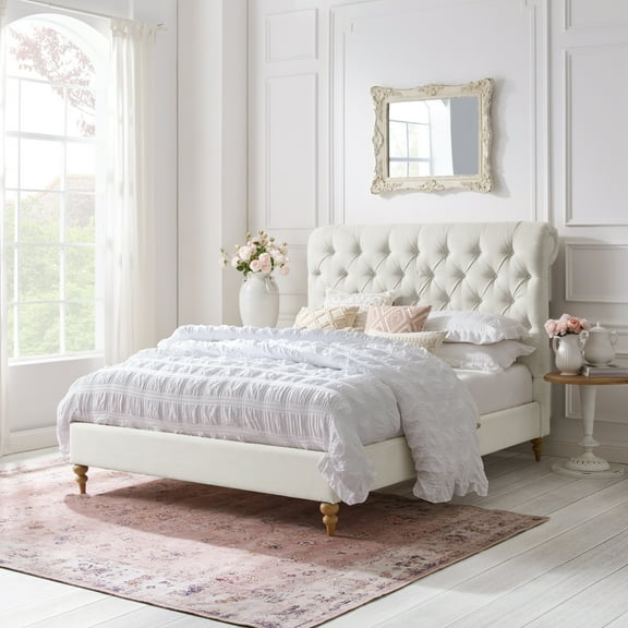 Rustic Manor Selina Tufted Linen King Full Size Bed Frame, No Box Spring Needed, Cream White