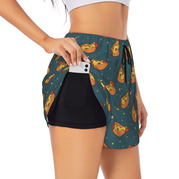 Balery Hot Dog 6 Pantalones cortos deportivos para mujer con forro y dos bolsillos, elásticos, para entrenamiento, gimnasio, yoga-Large